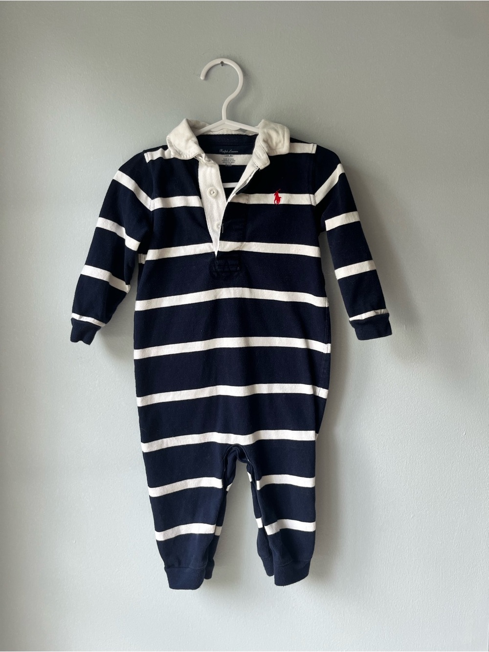 Kid's Ralph Lauren Navy & White Striped Rugby Polo One-Piece with Red Pony- 12M